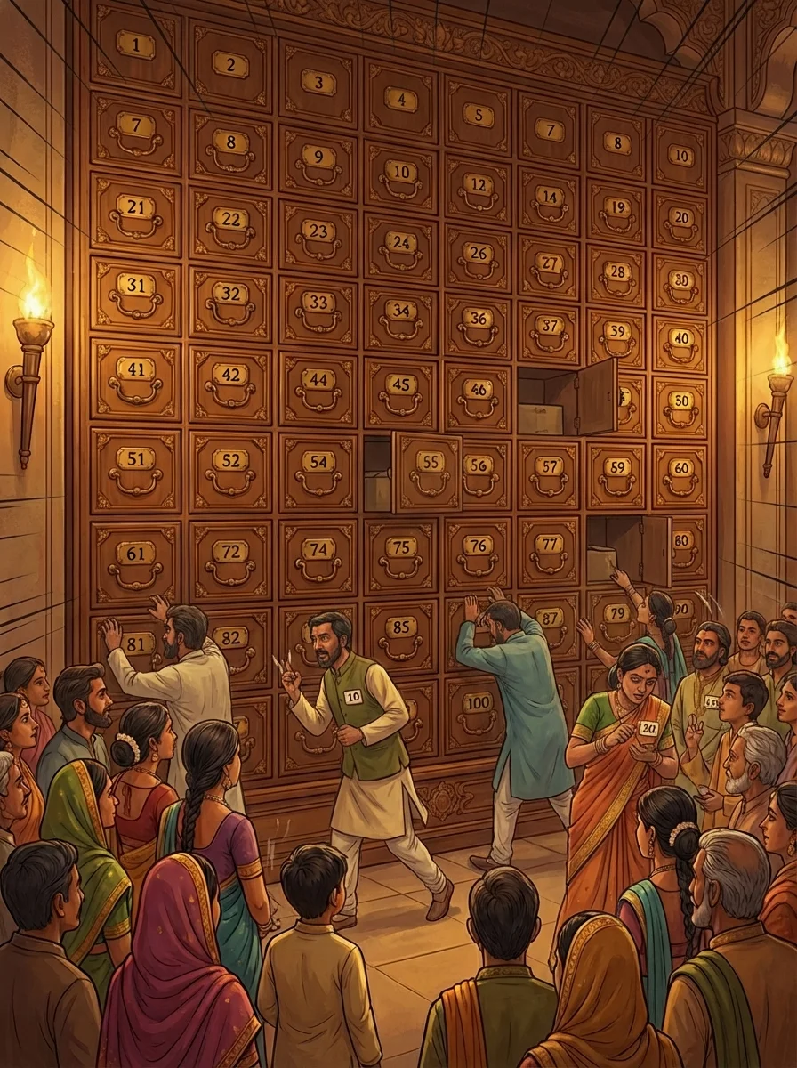 Wide shot showing the 100 people lined up, each with a number badge (1-100). The first few people are actively walking past the lockers doing their toggles. Show motion lines and some lockers in mid-toggle (half-open). The atmosphere is tense and competitive. Some people look confused, some are counting on their fingers. In the corner, young Khoisnam sits calmly with a knowing smile. Art style: Dynamic illustration showing movement, crowd scene with individual expressions visible.